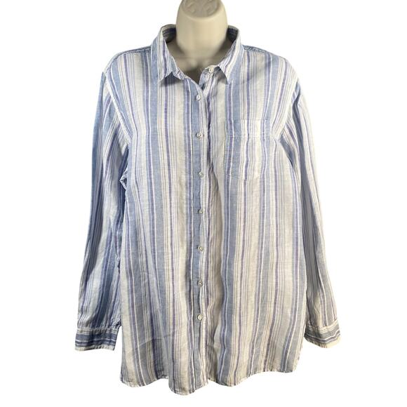 LL Bean Top Large Linen Button Down Long Sleeve Striped Shirt Coastal Relaxed - Picture 1 of 15